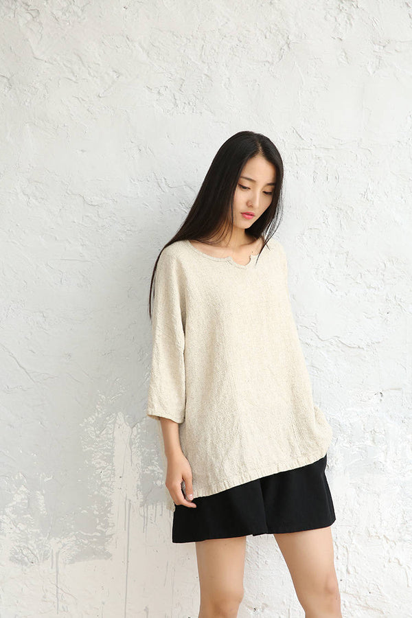 Women Loose cotton and linen V collar wild flax T-shirt