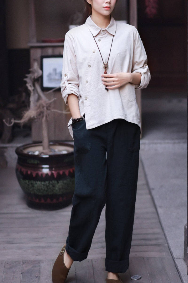 Women cotton and linen lapel oblique long-sleeved shirt