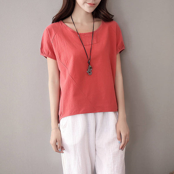 Simple Short Sleeved Women Cotton and Linen T-shirt