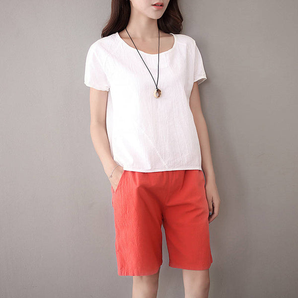 Simple Short Sleeved Women Cotton and Linen T-shirt