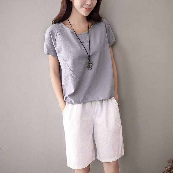 Simple Short Sleeved Women Cotton and Linen T-shirt