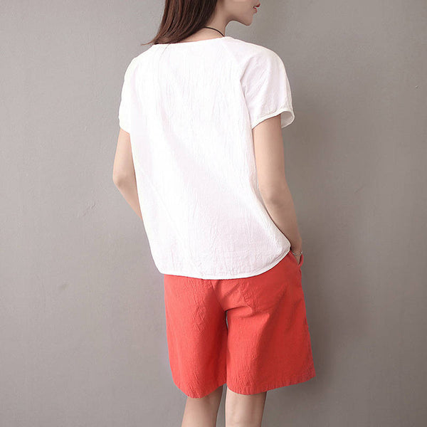 Simple Short Sleeved Women Cotton and Linen T-shirt