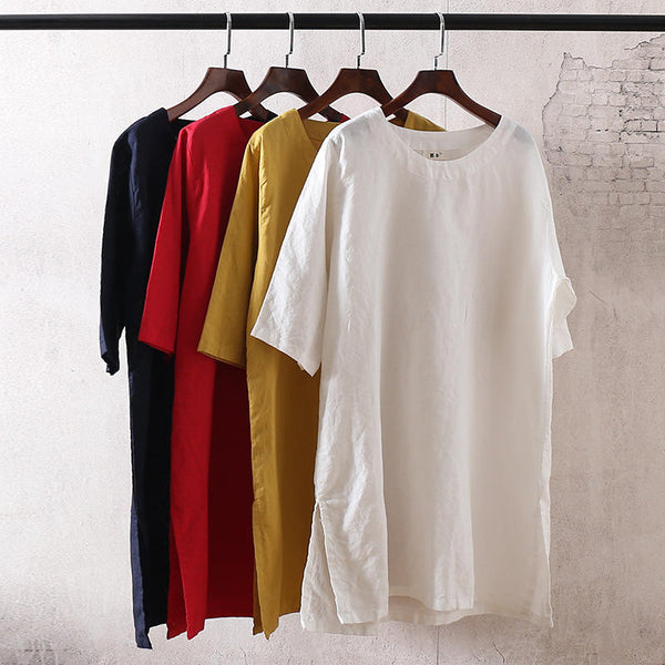 New Style art Pure Color Round Neck Women Linen and Cotton Long T-shirt