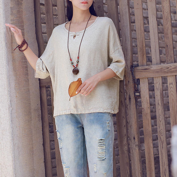 Retro Loose Flax Middle Sleeved Women Linen and Cotton T-shirt