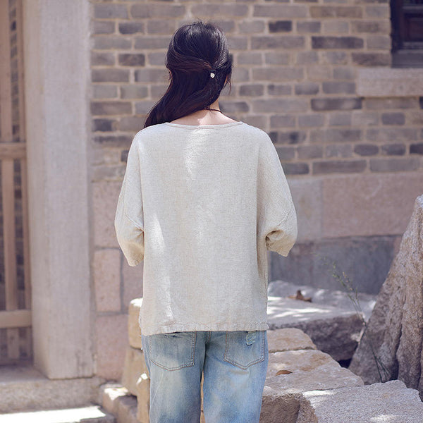 Retro Loose Flax Middle Sleeved Women Linen and Cotton T-shirt