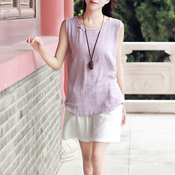 Women cotton and linen t-shirt – Pure Color Retro Buckle Loose Collar sleeveless blouses