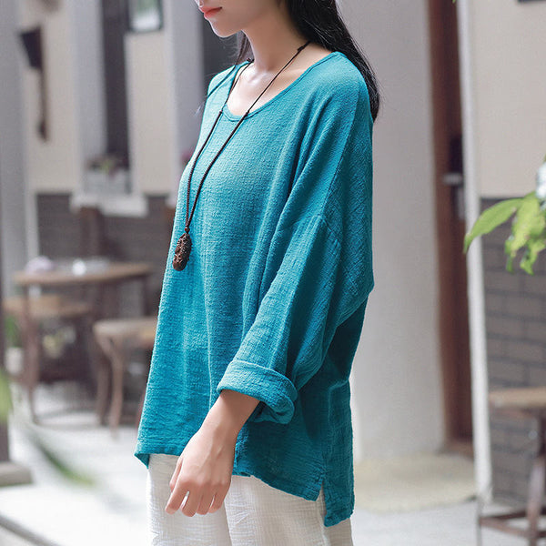 Autumn and winter cotton and linen T-Shirt – Round neck loose long-sleeved T-shirt