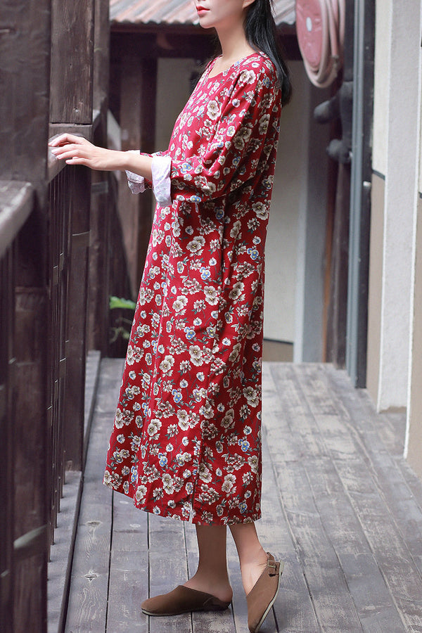 Women Retro Round Neck Printed Long Sleeves Linen and Cotton Dress