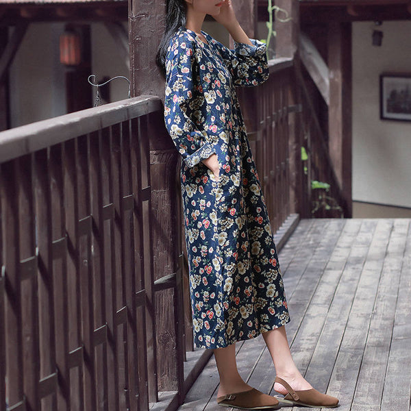Women Retro Round Neck Printed Long Sleeves Linen and Cotton Dress