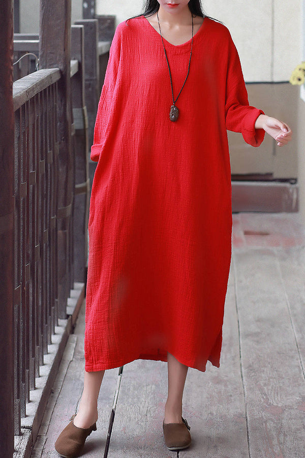 Women Retro V-neck Long-Sleeved Linen and Cotton Dress