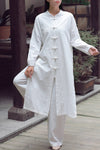 Women KungFu Style Buckle Collar Long Sleeved Linen and Cotton Cardigan Coat