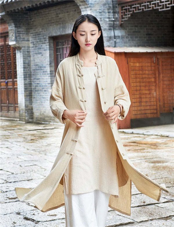 Women Retro Buckle Collar Long Sleeve Linen and Cotton Coat