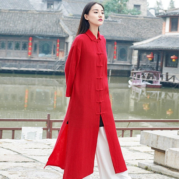 Women KungFu Style Cardigan Retro Buckle Collar Long sleeve Linen and Cotton Coat