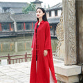 Women KungFu Style Cardigan Retro Buckle Collar Long sleeve Linen and Cotton Coat