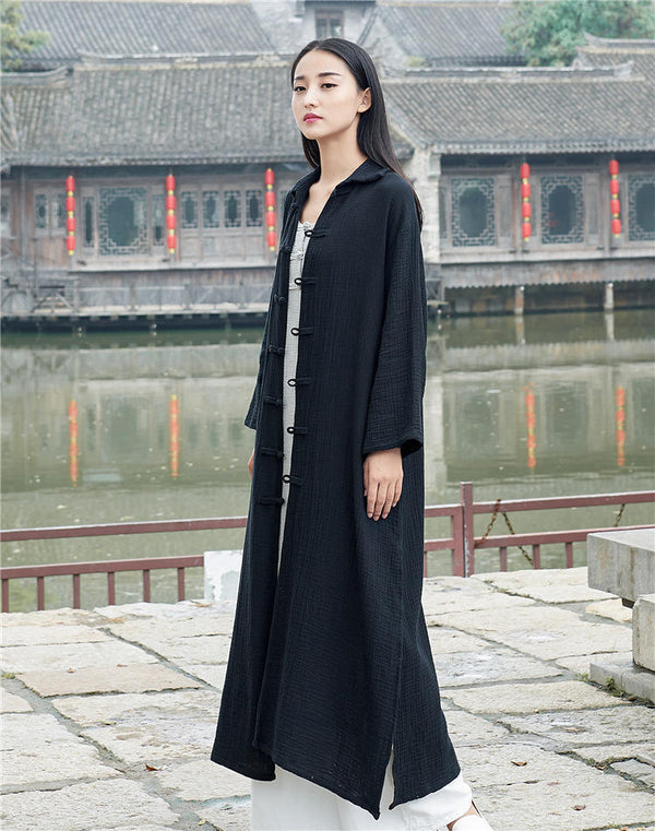 Women KungFu Style Cardigan Retro Buckle Collar Long sleeve Linen and Cotton Coat