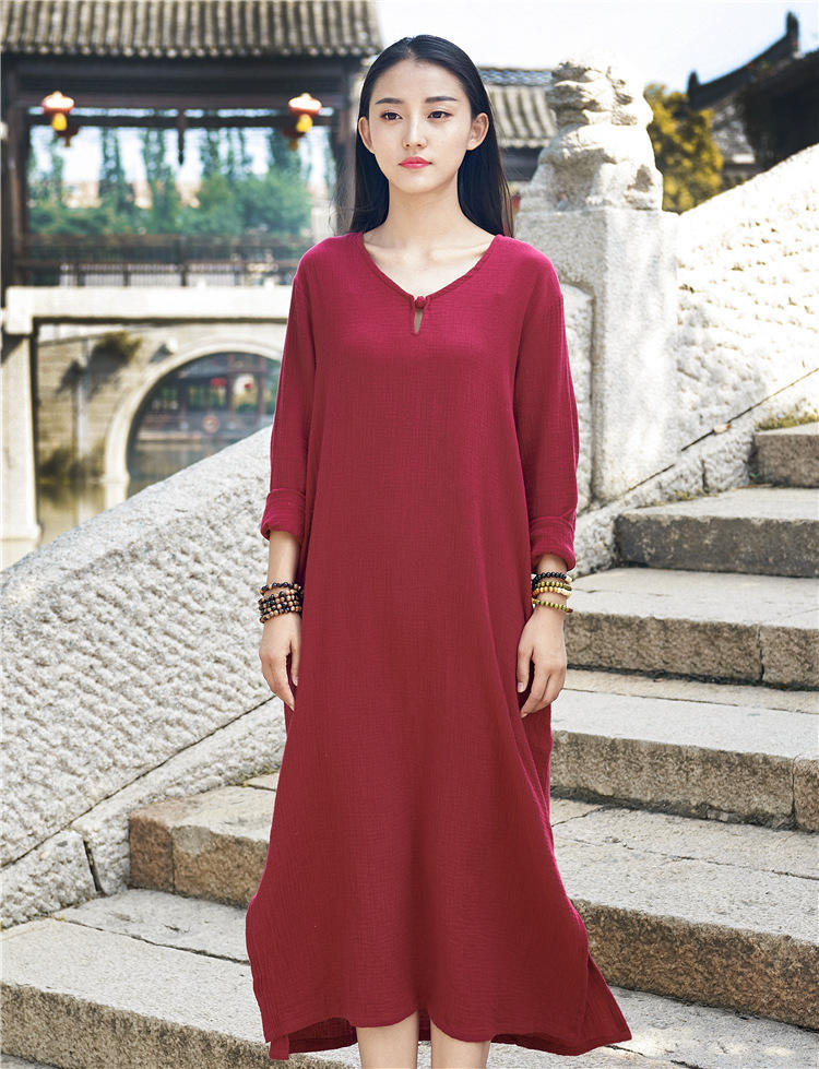 Women Retro Buckle Long Sleeved Cotton and Linen Dress Wine Red Women Retro Buckle Long Sleeved Cotton and Linen Dress Wine Red