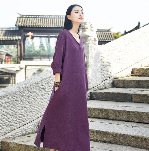 Women Retro Buckle Long Sleeved Cotton and Linen Dress