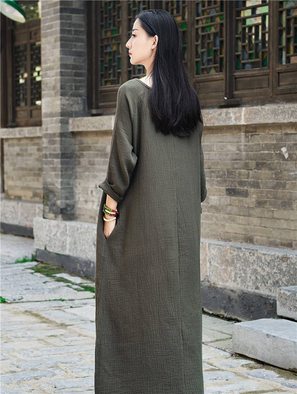 Women Retro Round Neck Long-sleeved Cotton and Linen Dress