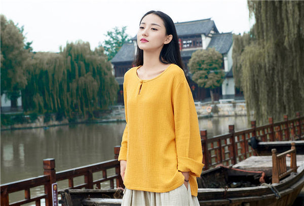 Retro Asian Style Women cotton and linen Round neck loose long-sleeved T-shirt