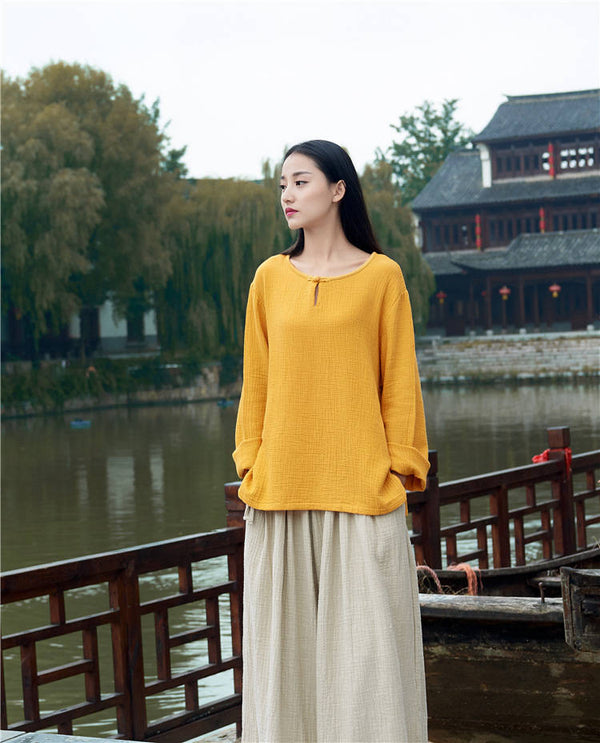 Retro Asian Style Women cotton and linen Round neck loose long-sleeved T-shirt