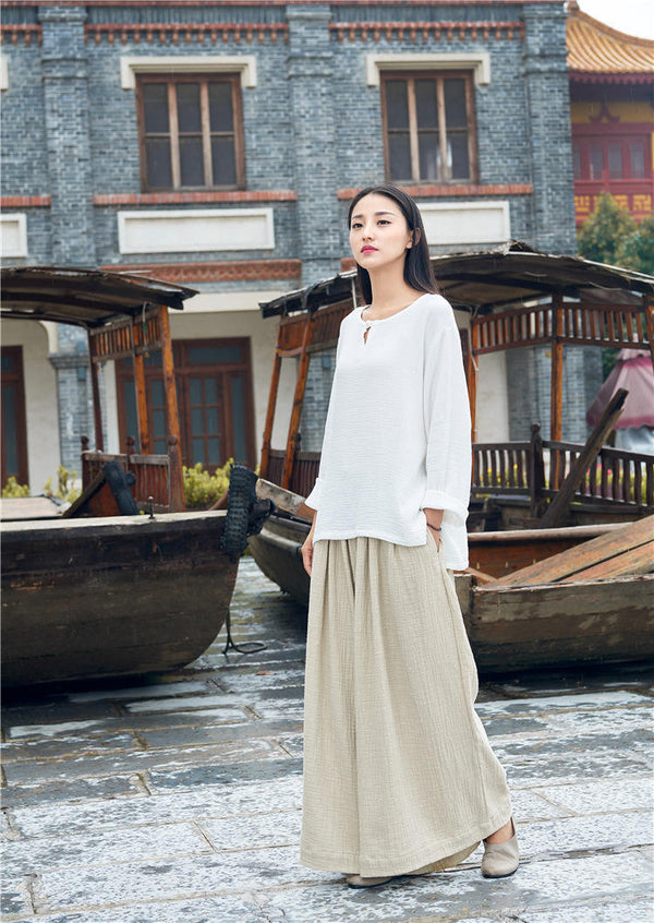 Retro Asian Style Women cotton and linen Round neck loose long-sleeved T-shirt