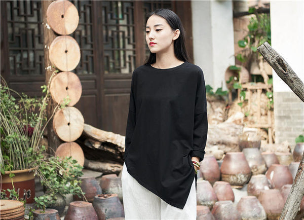 Women cotton and linen Simple Round neck loose long-sleeved T-shirt