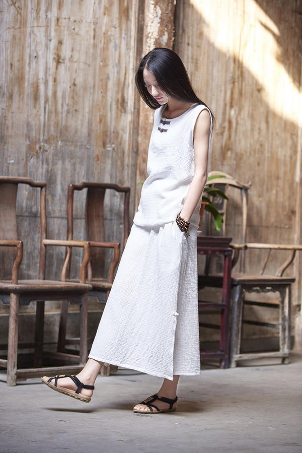 Women Simple Linen and Cotton Wrinkle Maxi Skirt