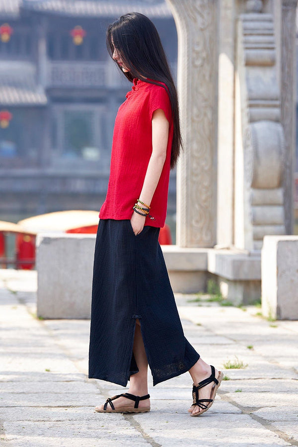 Women Simple Linen and Cotton Wrinkle Maxi Skirt