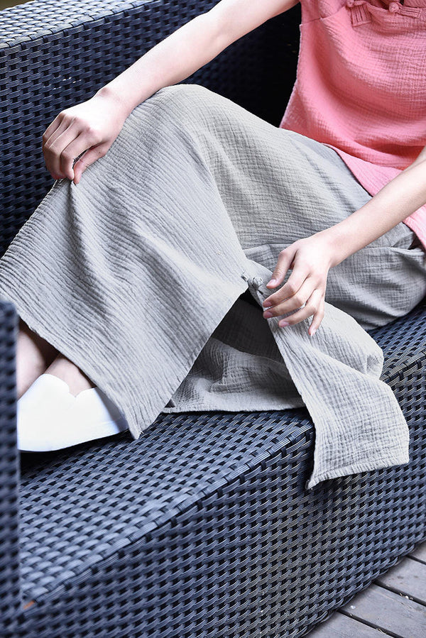 Women Simple Linen and Cotton Wrinkle Maxi Skirt