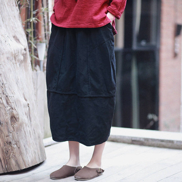 Women Linen and Cotton Bud Midi Skirt