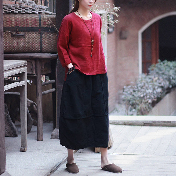 Women Linen and Cotton Bud Midi Skirt
