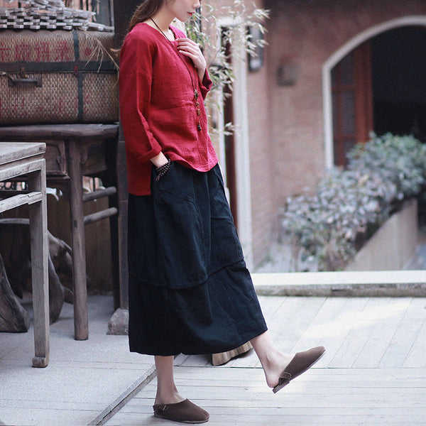 Women Linen and Cotton Bud Midi Skirt