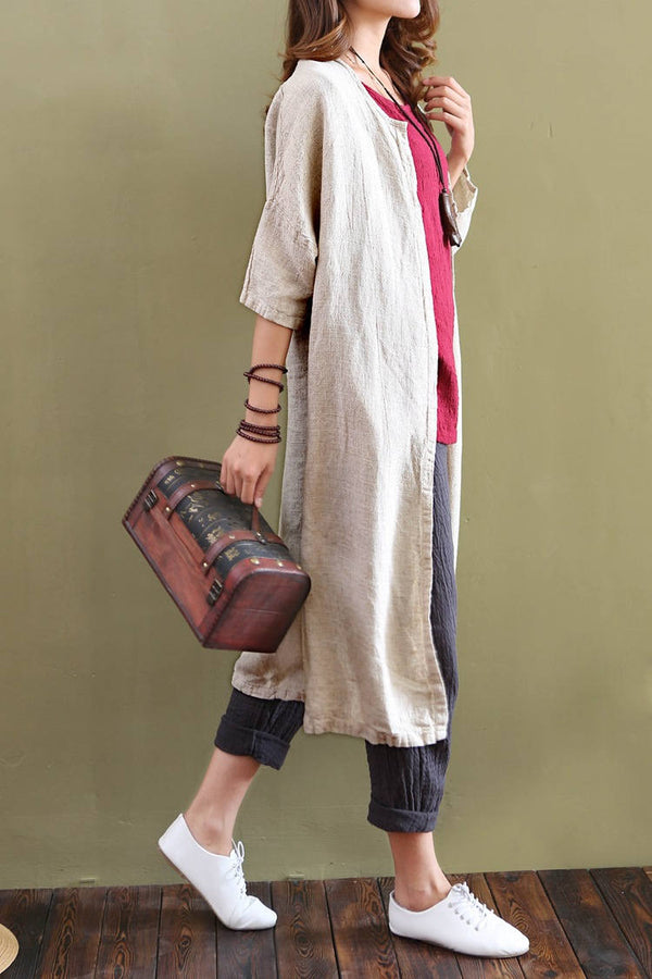 Women Leisure Pure Color Loose Linen and Cotton Coat