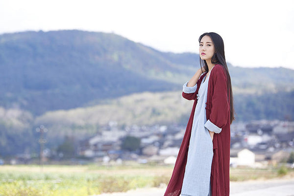 Women Thin and Soft Linen and Cotton Long-sleeved Coat