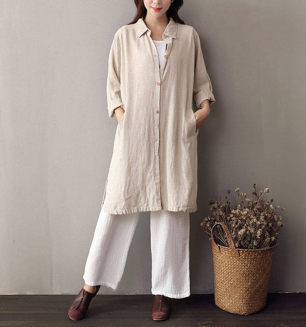 Women Leisure Tunic Style Linen and Cotton Shirt Type Coat