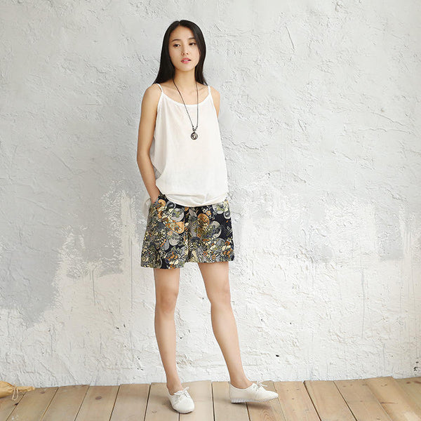 Women Printed Linen and Cotton Casual Shorts