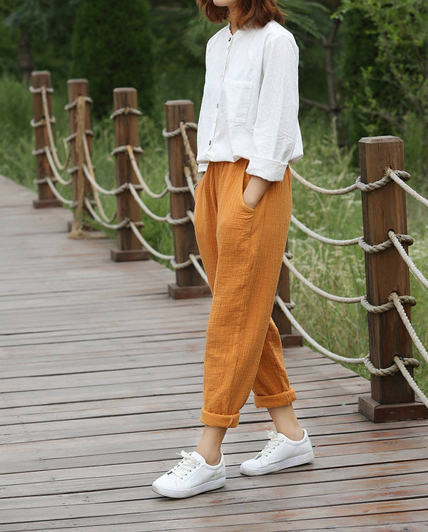 Women Pure Color Soft Loose Causal Linen and Cotton Pants