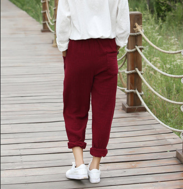 Women Pure Color Soft Loose Causal Linen and Cotton Pants