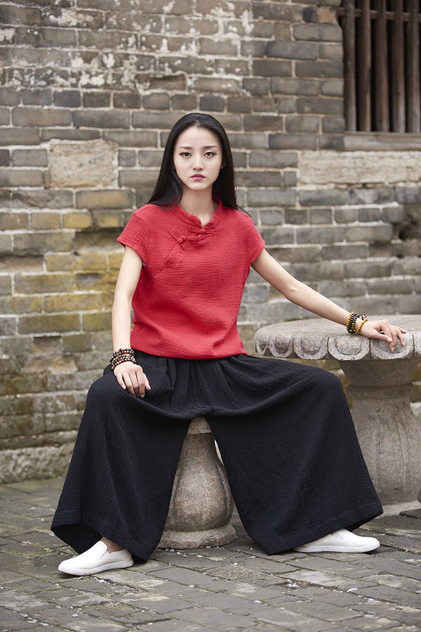 Women Loose Wide Leg Yoga Skirt Type Linen and Cotton Pants