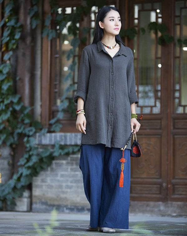 Women Loose Water Wash Linen and Cotton Wide Leg Pants