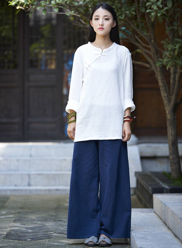 Women Loose Water Wash Linen and Cotton Wide Leg Pants