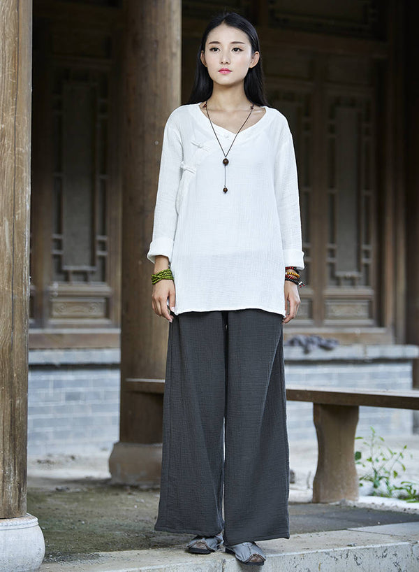 Women Casual Large Loose Wide Leg Linen and Cotton Pants
