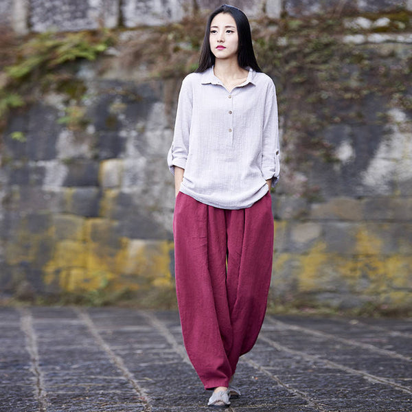 Women Casual Pure Color Ramie Lantern Yoga Loose Pants