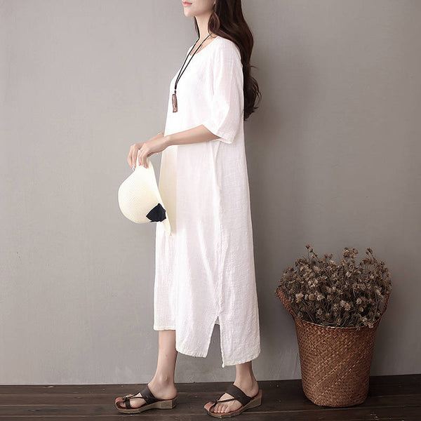 Women Pure Color Artistic Loose Sleeve Dress