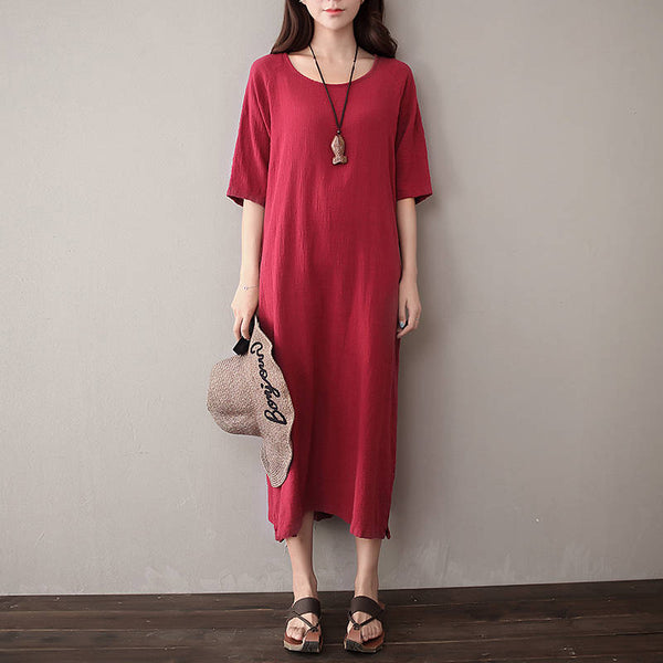 Women Pure Color Artistic Loose Sleeve Dress