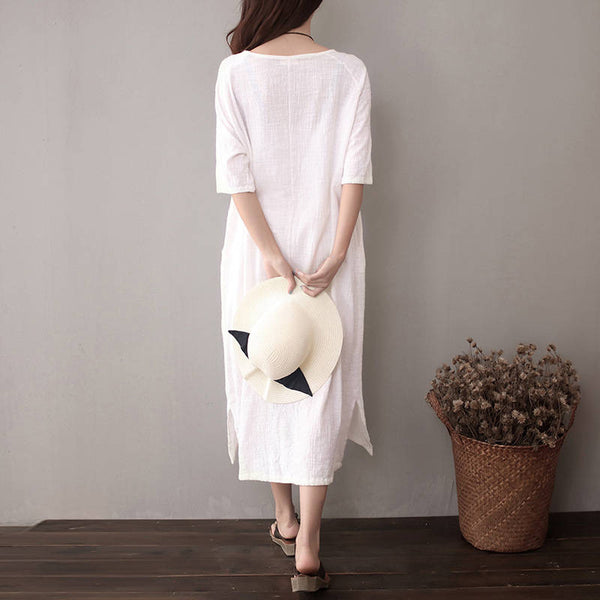 Women Pure Color Artistic Loose Sleeve Dress