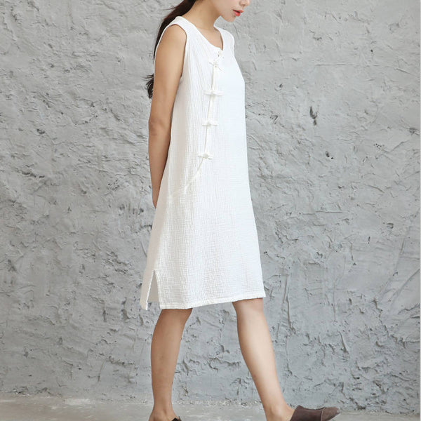 Women Retro Chinese Style Buckle Middle Long Linen and Cotton Knee Length Dress