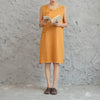 Women Retro Chinese Style Buckle Middle Long Linen and Cotton Knee Length Dress