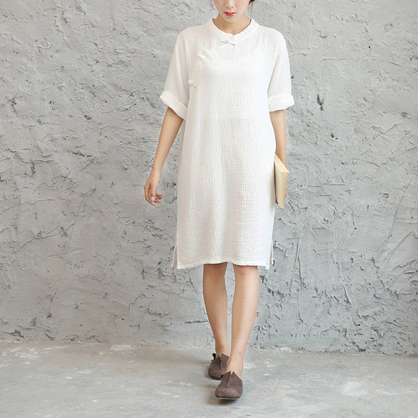 Women Retro Chinese Style Loose Collar Buckle Middle Sleeve Knee Length Dress