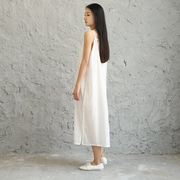 Women Large Loose Harness Linen and Cotton Dress